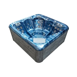Spa da esterno JJSPA Gamma 323 con acrilico blu Oceanwave e getti idromassaggio, vista dall'alto.
