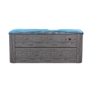 Spa da esterno JJSPA Gamma 323 con rivestimento in legno grigio e acrilico blu Oceanwave, vista laterale.