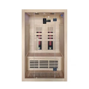 Sauna a infrarossi JJSPA JI120A con porta in vetro, panca in legno e riscaldatori a infrarossi – vista frontale.