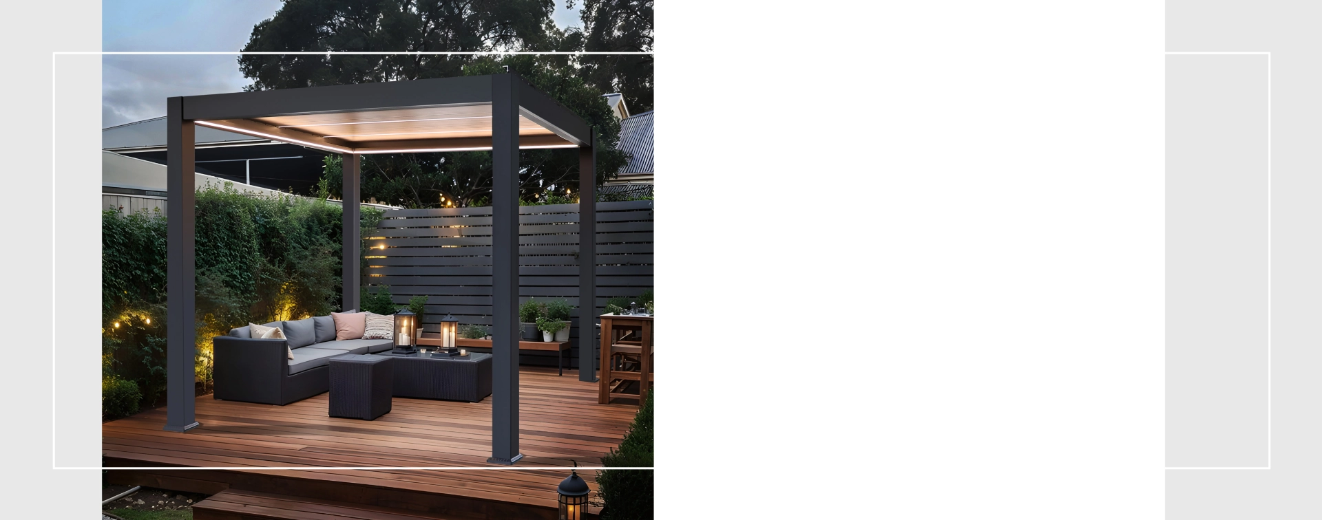 Pergola in alluminio su terrazza in legno con illuminazione d'ambiente.